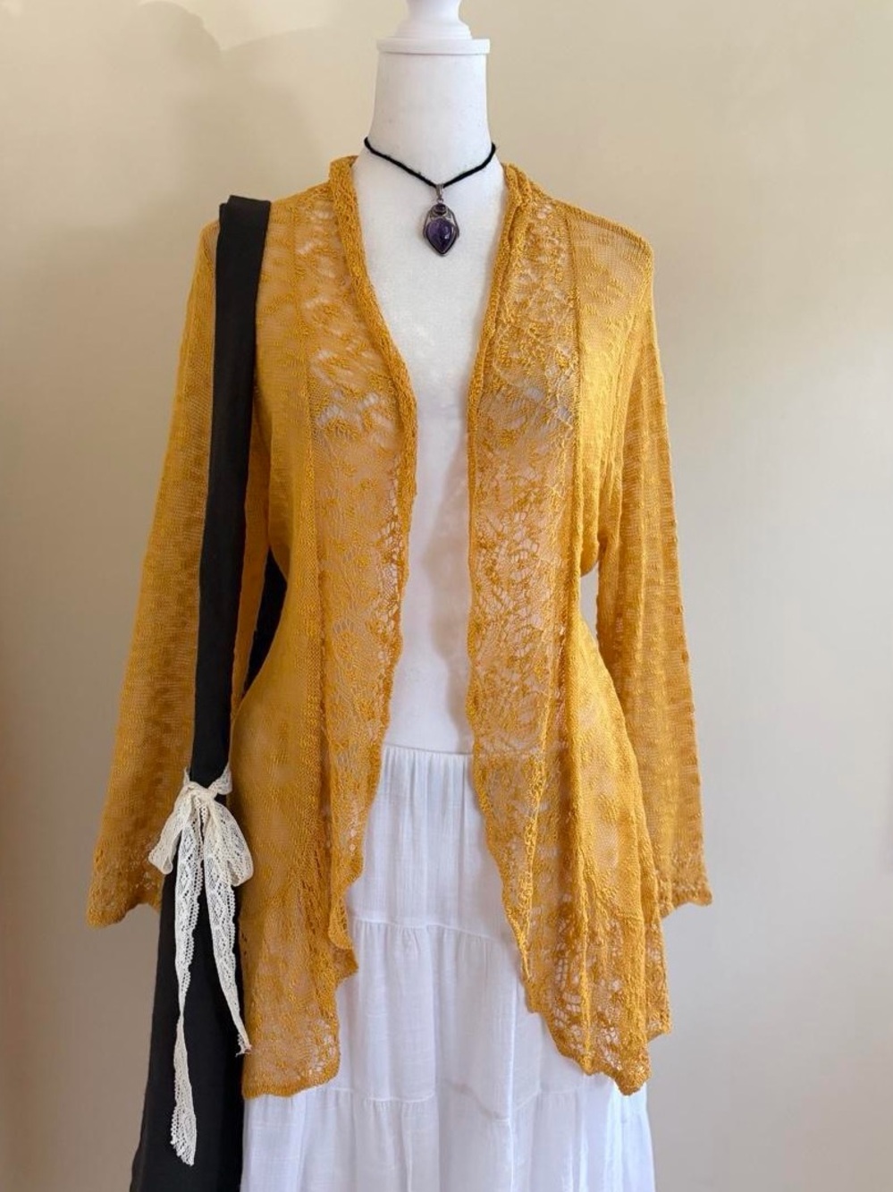 Vintage Y2K crochet lace knit longline open cardigan boho cottagecore yellow M